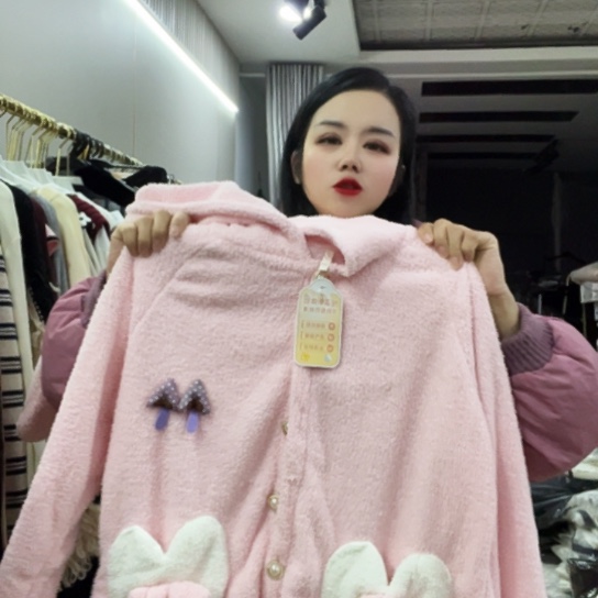 三醋酯纤维粉色兔耳朵睡衣套装福利清版