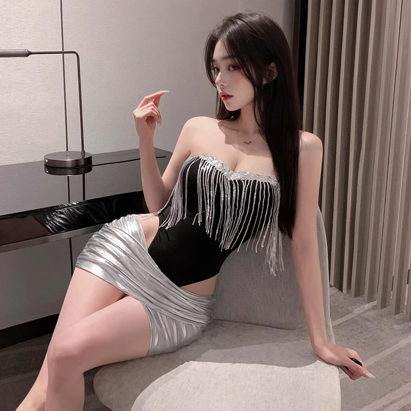 闪亮流苏款抹胸暗扣连体套装裙御姐修身显瘦战袍