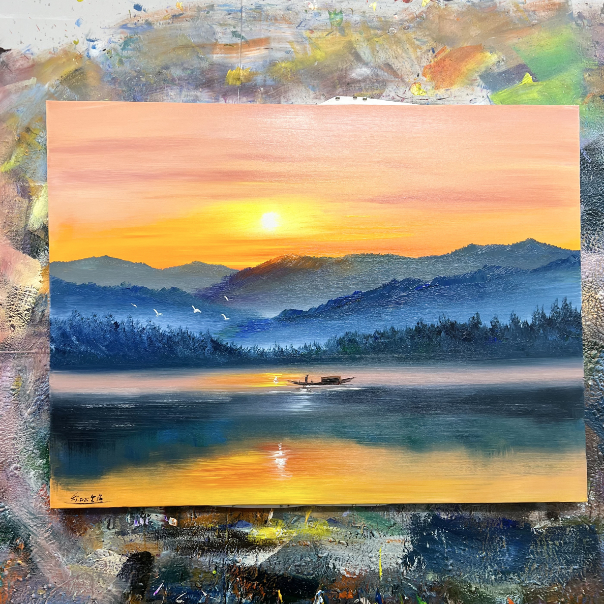 清晨湖畔挂画现代装饰画不含内框尺寸90.120