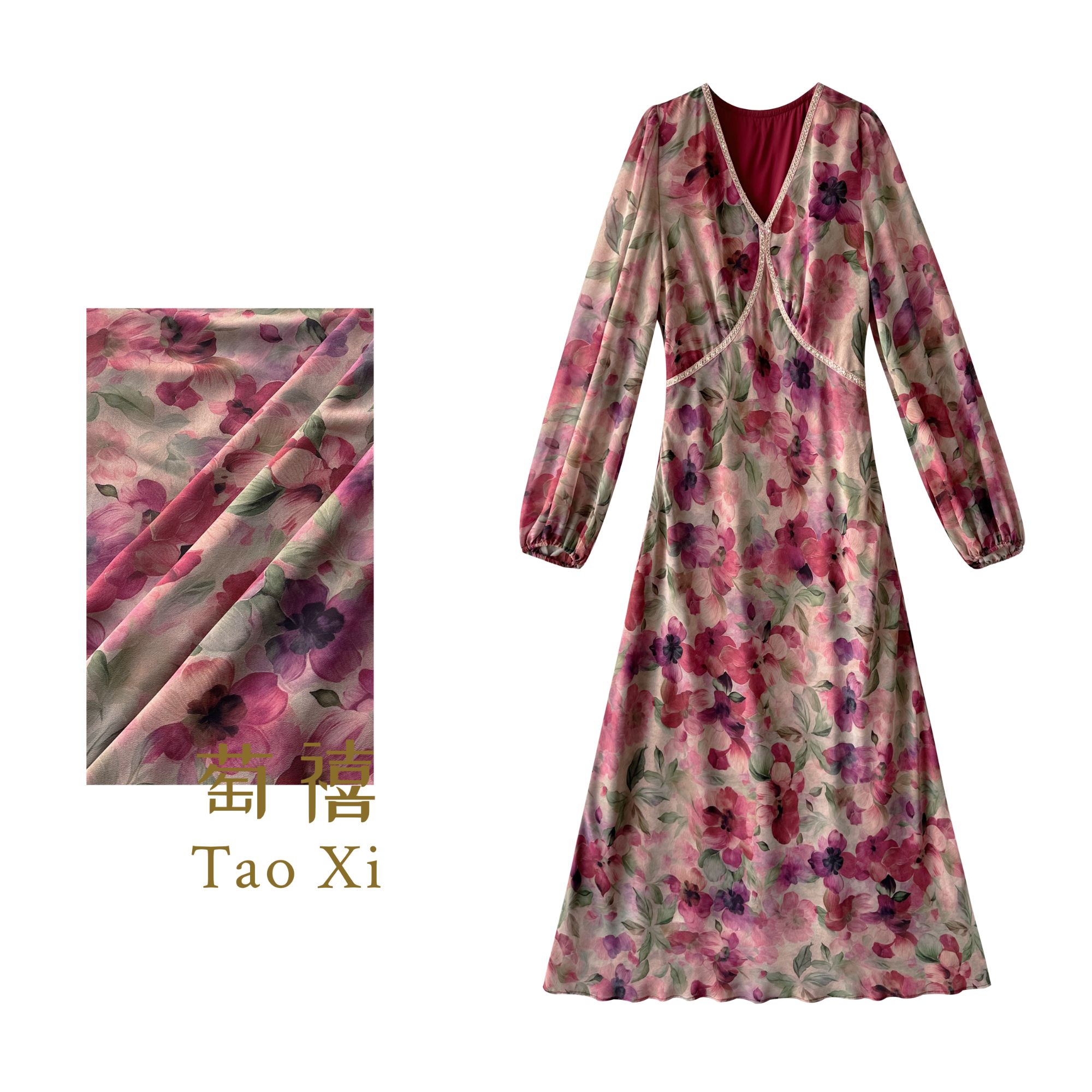 【萄禧】秋季款印花V领长袖气质显瘦法式轻奢温柔气质连衣裙631036