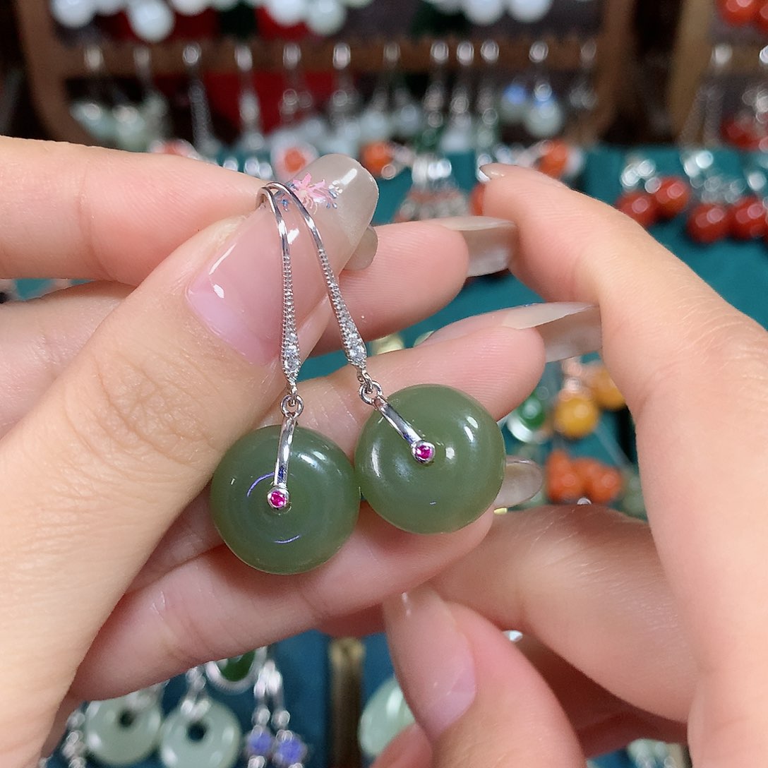 和田玉耳饰银S925镶嵌15*7+左右