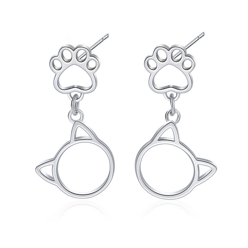 925银耳饰 E0149纯银简约甜美镂空猫咪耳钉女可爱气质耳坠
