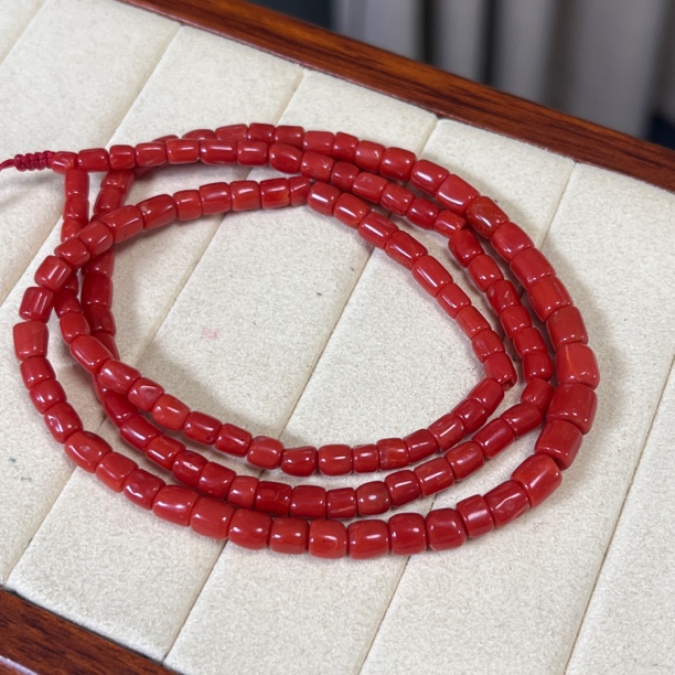 沙丁珊瑚桶珠项链多圈手串，微瑕疵【国检证书】