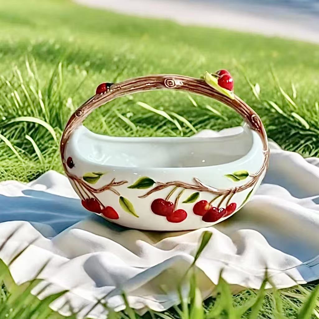 手绘浮雕樱桃-陶瓷手提大号果篮果盘