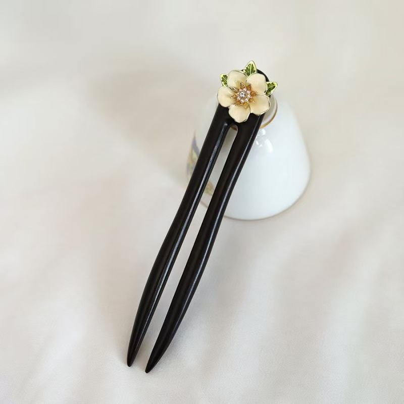诗泊雅 [山茶花]黑檀木发簪钗子U型盘发古风典中式旗袍汉服饰