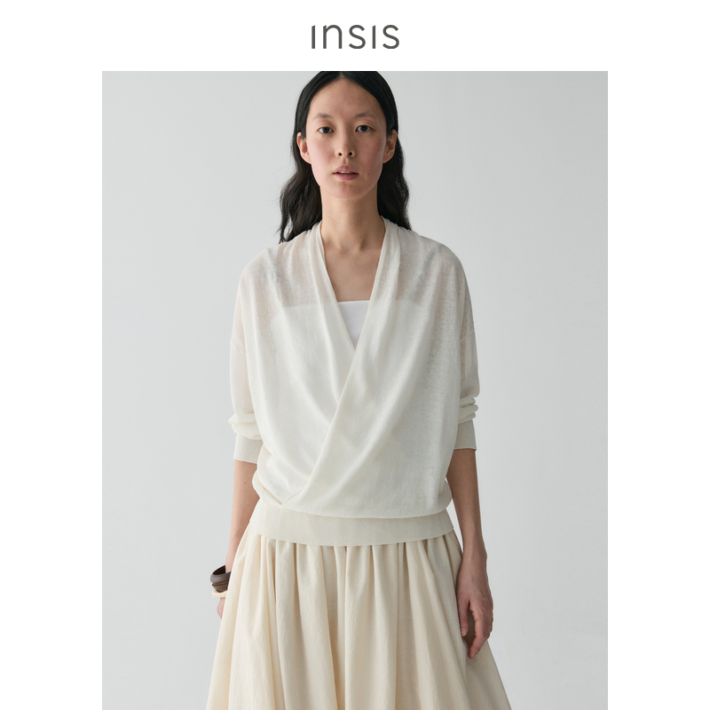 INSIS FEMME亚麻棉纱线2025夏季新中式仿围裹V领七分袖针织上衣女
