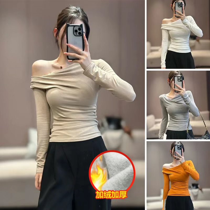 1210-秋季新款设计感荡领斜肩一字肩长袖T恤女显瘦打底衫上衣百搭