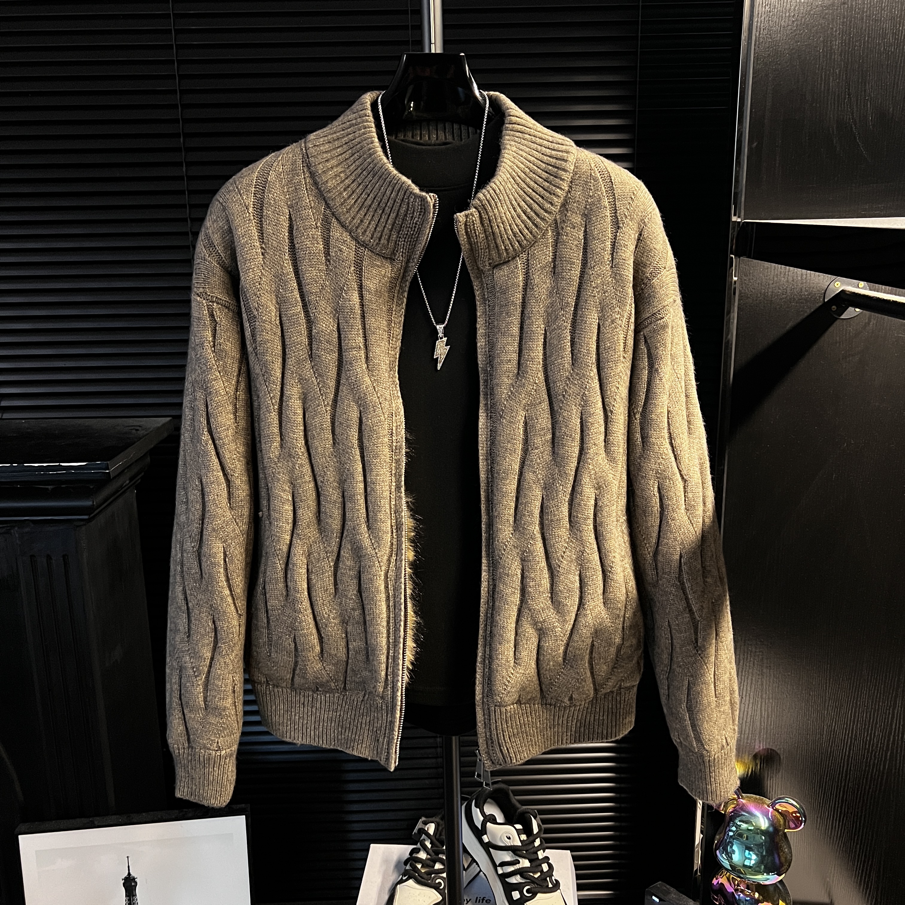 YY-立领棕色加绒潮流保暖夹克男士上衣潮流爆款