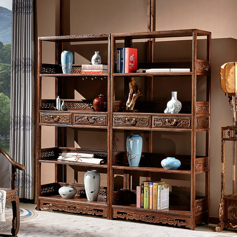 书架鸡翅木明式书柜 书架实木书柜中式书房陈列架