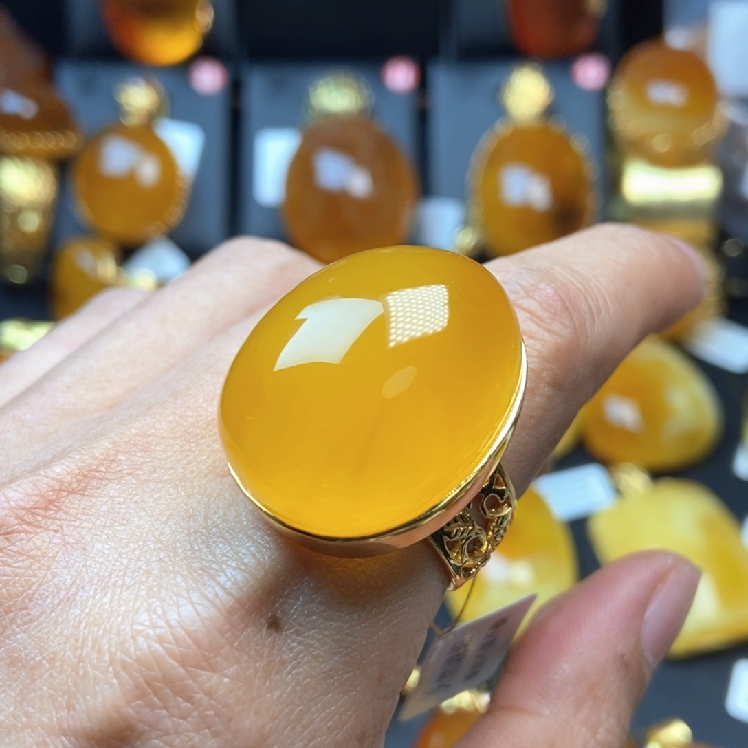 琥珀戒指银S925镀金镶嵌