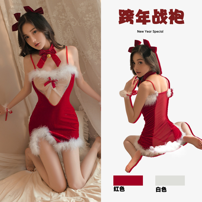 性感内衣丝绒网纱新年款红色睡裙套装5859