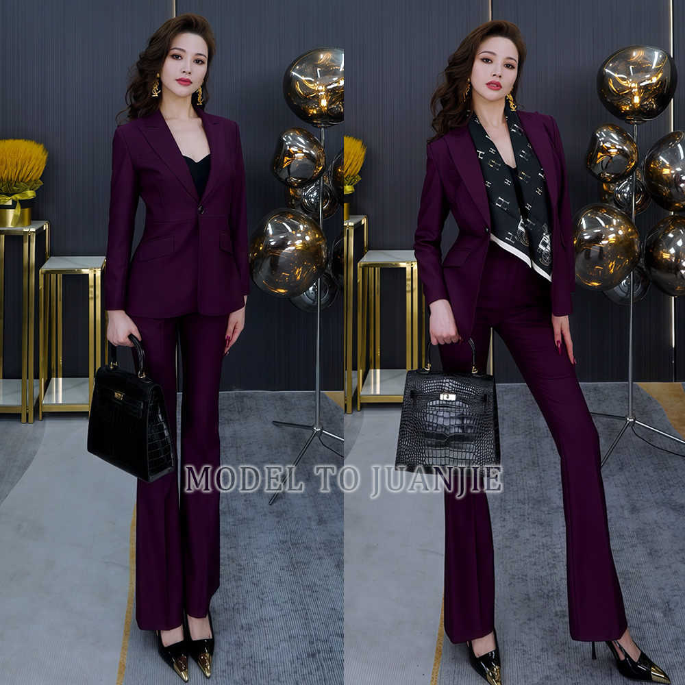 秋季修身气质高定设计师时尚显瘦职业单粒扣西装喇叭裤套装883