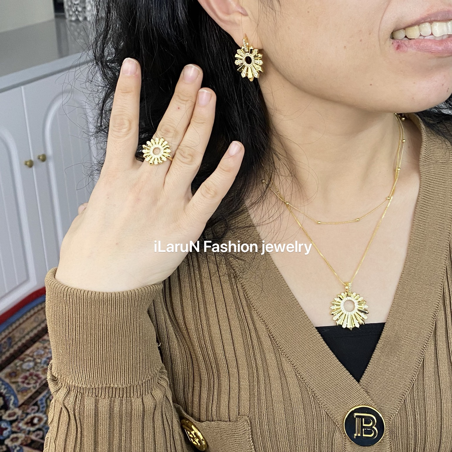 钛钢项链 iLaruN新款绿金色项链耳钉戒指