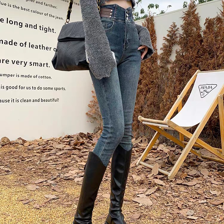 #1580 高腰加绒加厚弹力紧身小脚铅笔牛仔裤