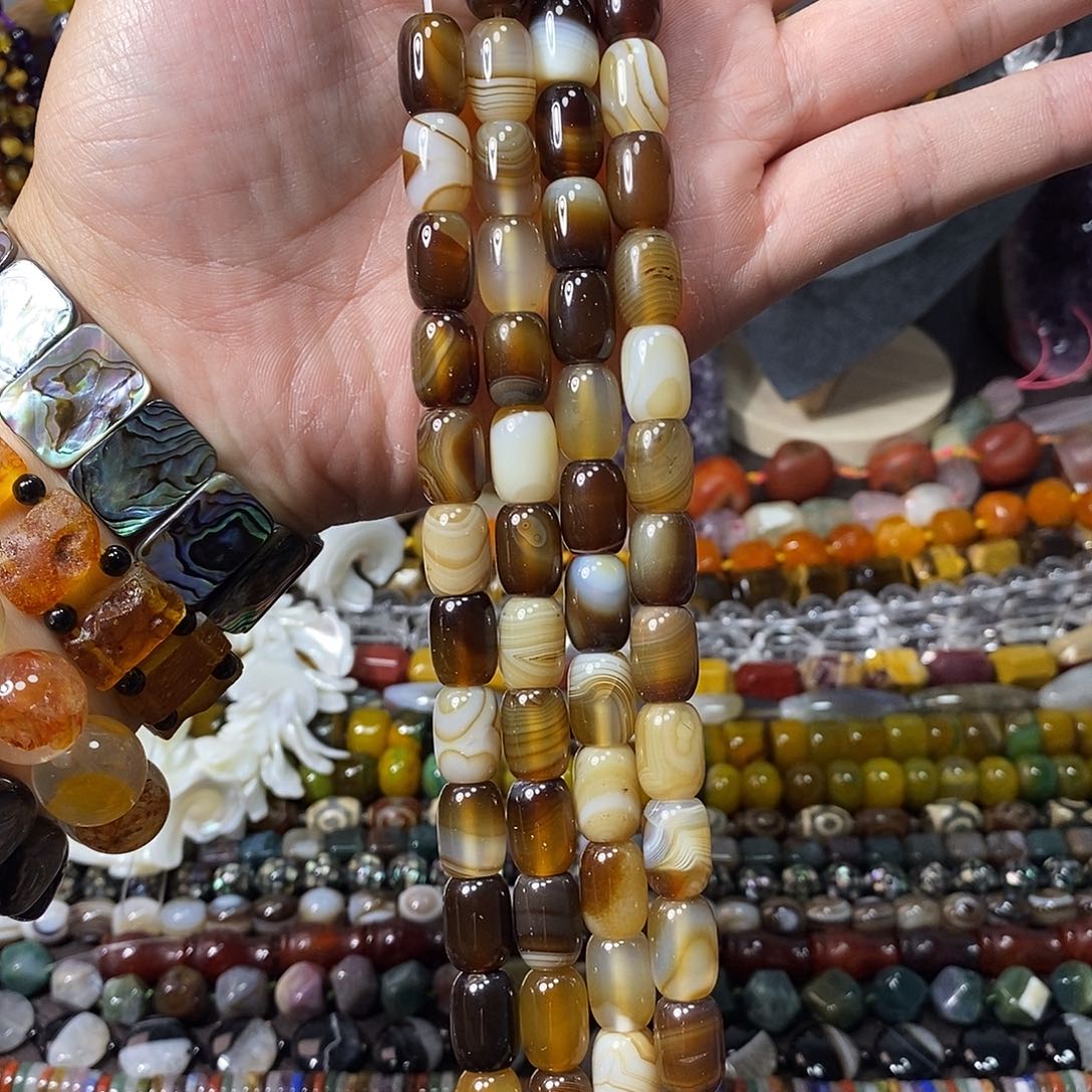 石英质玉未镶嵌，美拉德缠丝玛瑙桶珠10×14mm，