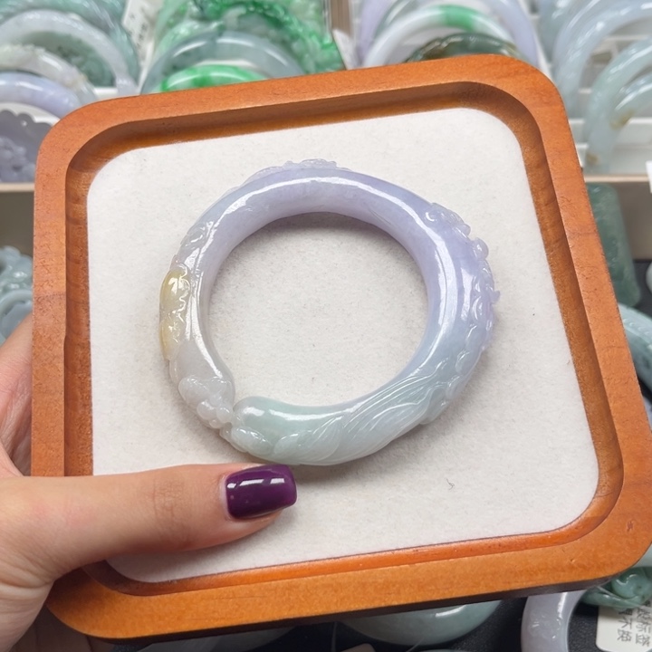 乐****翡翠未镶嵌手镯荷花鱼53