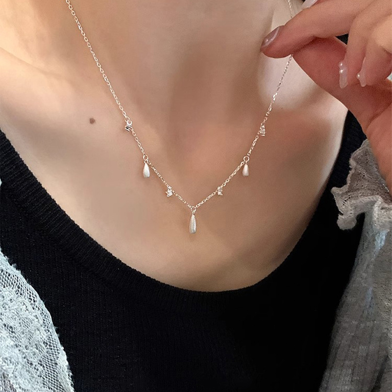 坠链均925银 韩系精致水滴锆石项链轻奢时尚水滴形流苏锁骨链女