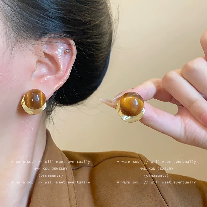 铜合金耳饰 虎眼纹理半球耳钉气质轻奢时尚百搭复古优雅韩系