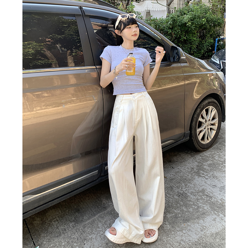 NORNLGGER美式复古白色牛仔裤女秋季新款款高腰垂感阔腿牛仔裤女