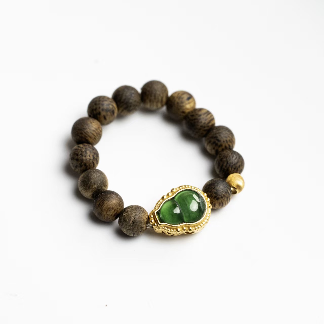 沉香【普陀山欢喜】海南绿奇楠猫眼绿翡葫芦戒指4mm+ G36181