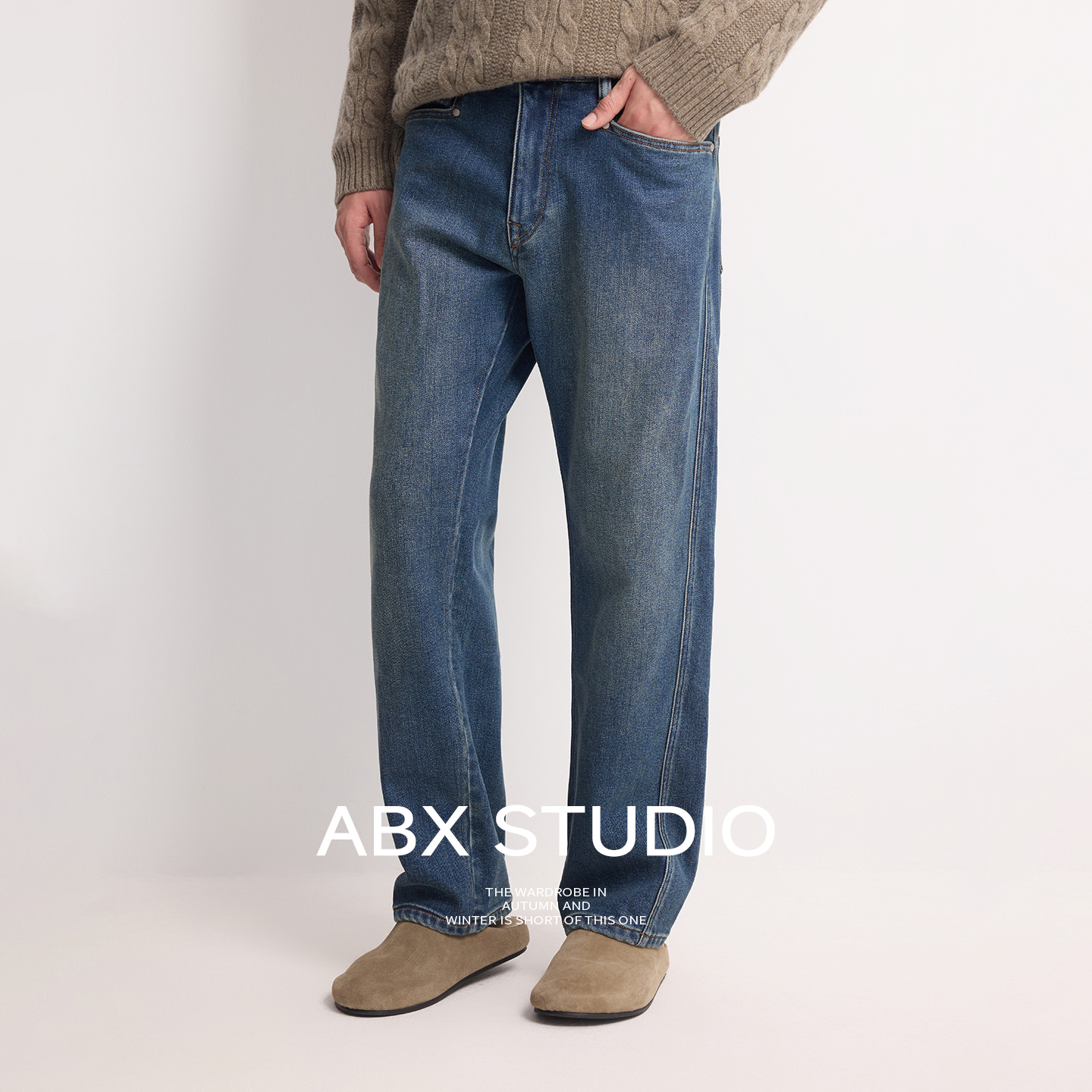 abx15.9OZ进口莱卡四面弹 复合丹宁暖绒底 秋冬加绒加厚牛仔裤男