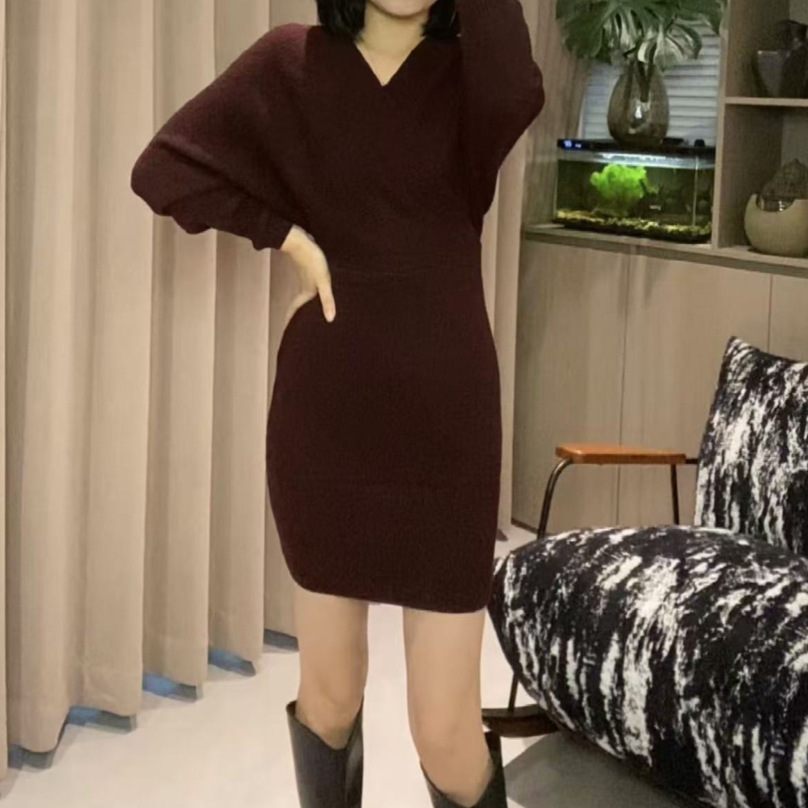 【葡萄紫色】轻奢高级感气质显瘦女人味高级感连衣裙YF763