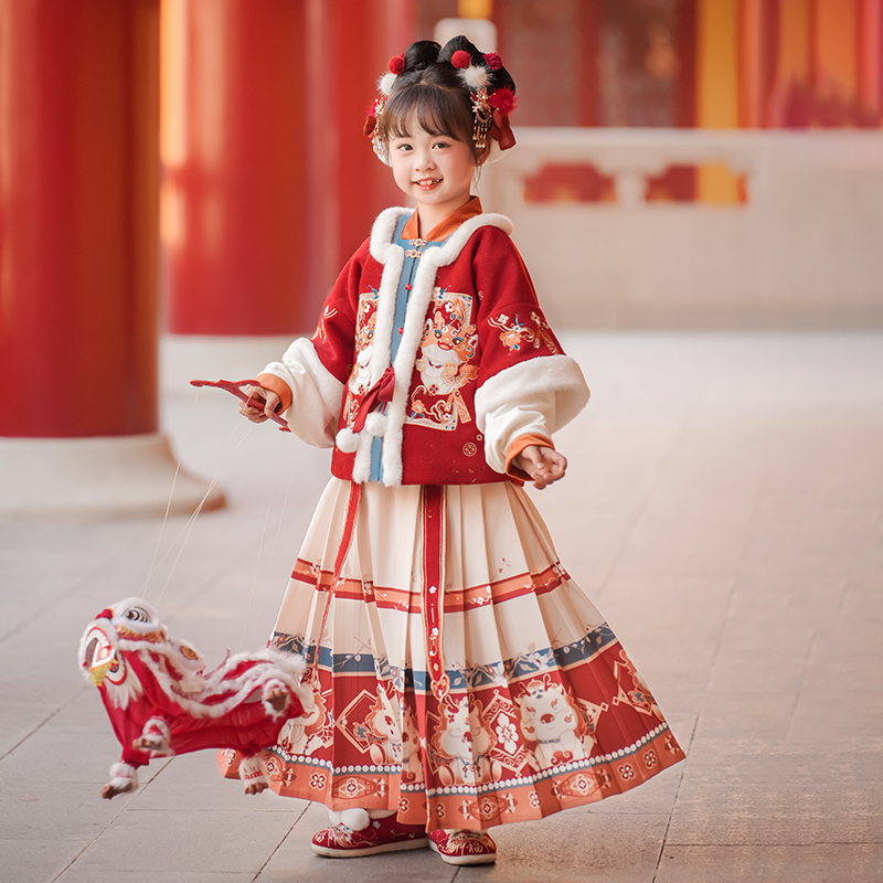 【御龙逢春】汉服女童冬装宝宝中国风红色喜庆明制套装女孩拜年服