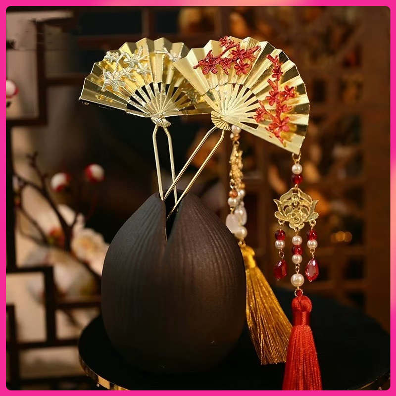 新中式合金木质扇子流苏发簪古风马面裙旗袍配饰2025新款发饰