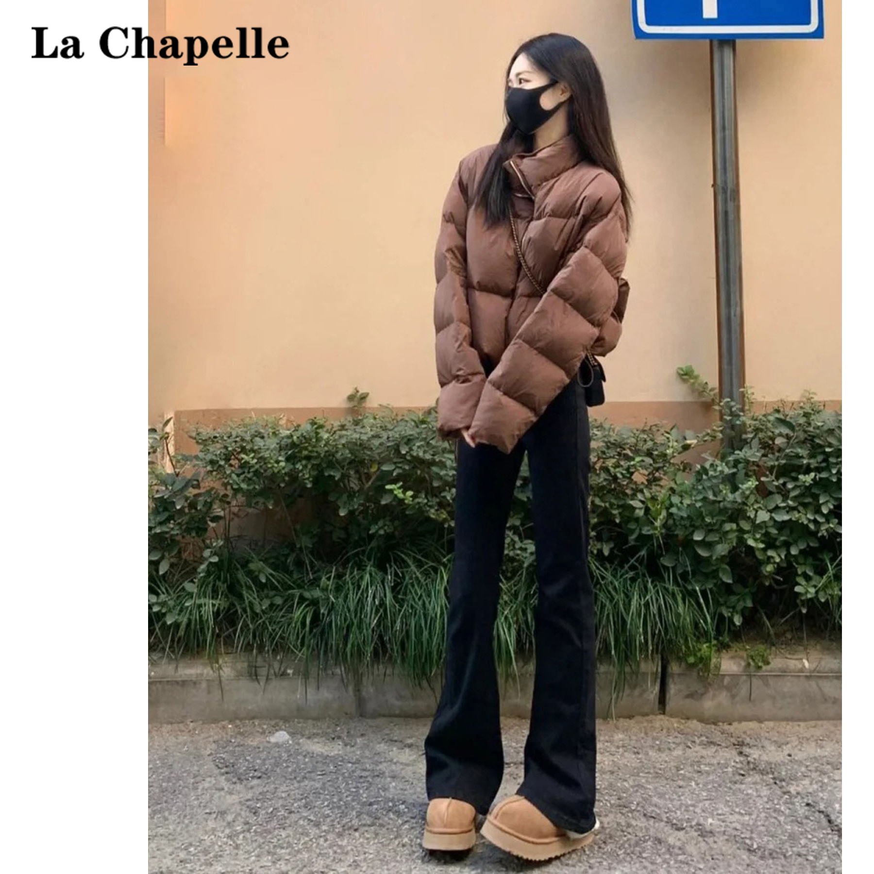 拉夏贝尔加绒黑色高腰微喇牛仔裤女cleanfit冬季弹力显瘦喇叭裤子