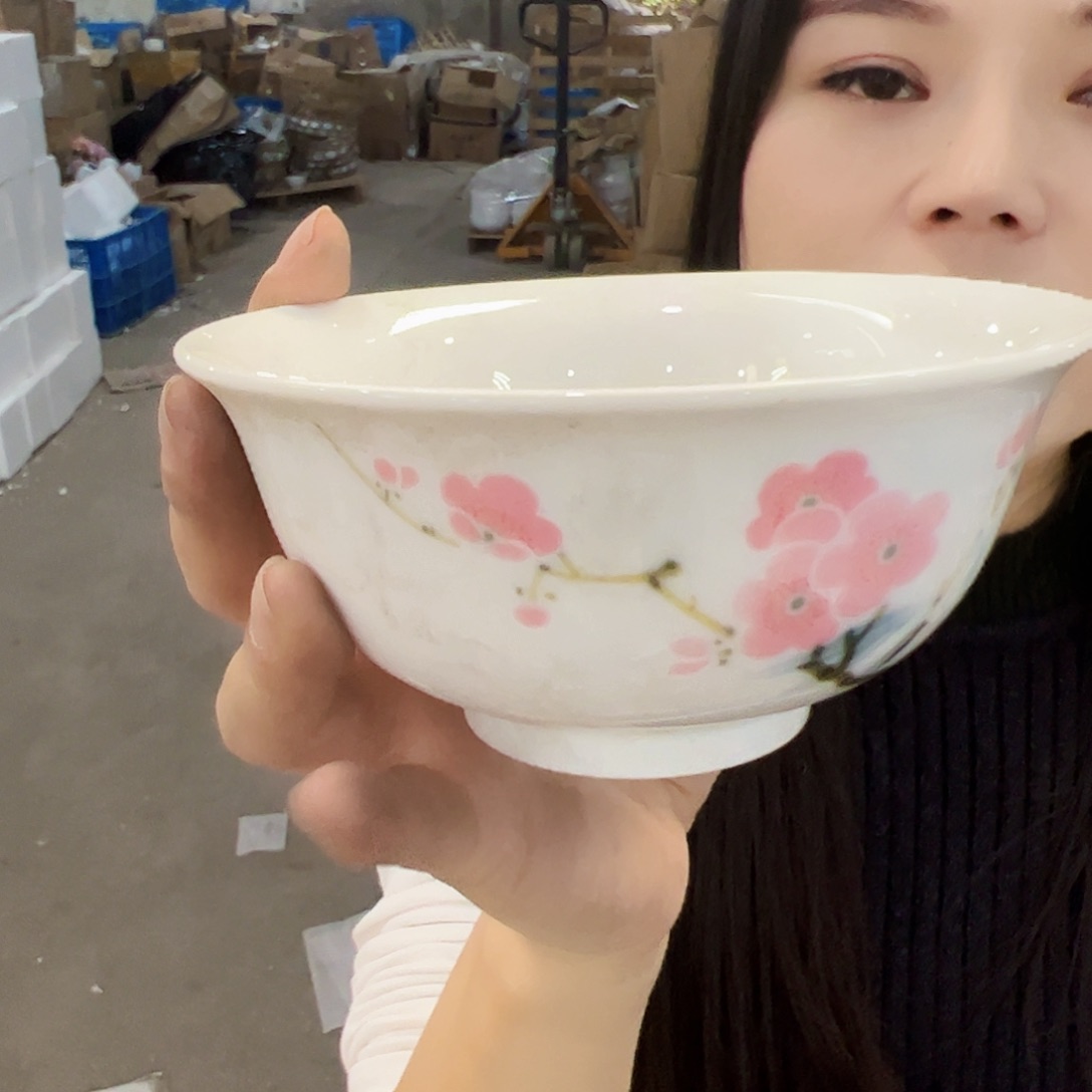 瓷片景德镇陶瓷翠竹红梅5寸碗