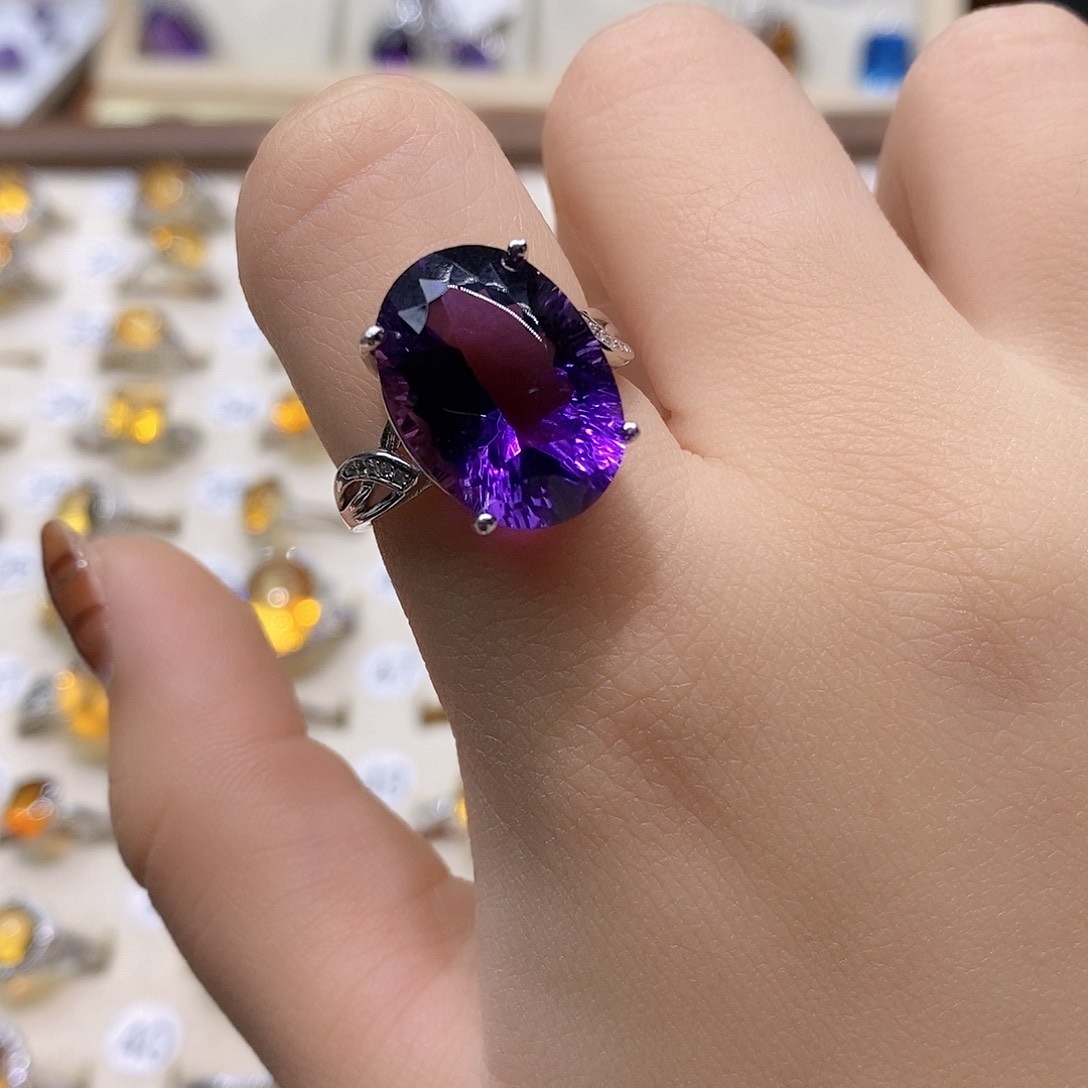 季***雪戒指水晶银S925镶嵌纯天然紫水晶戒指J