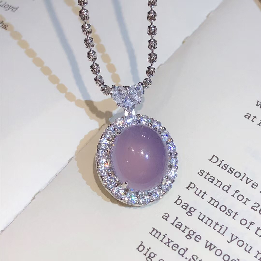 s925银镶嵌小众珠宝紫罗兰玉髓爱心扣头鸽子蛋女款后开盖玉石吊坠