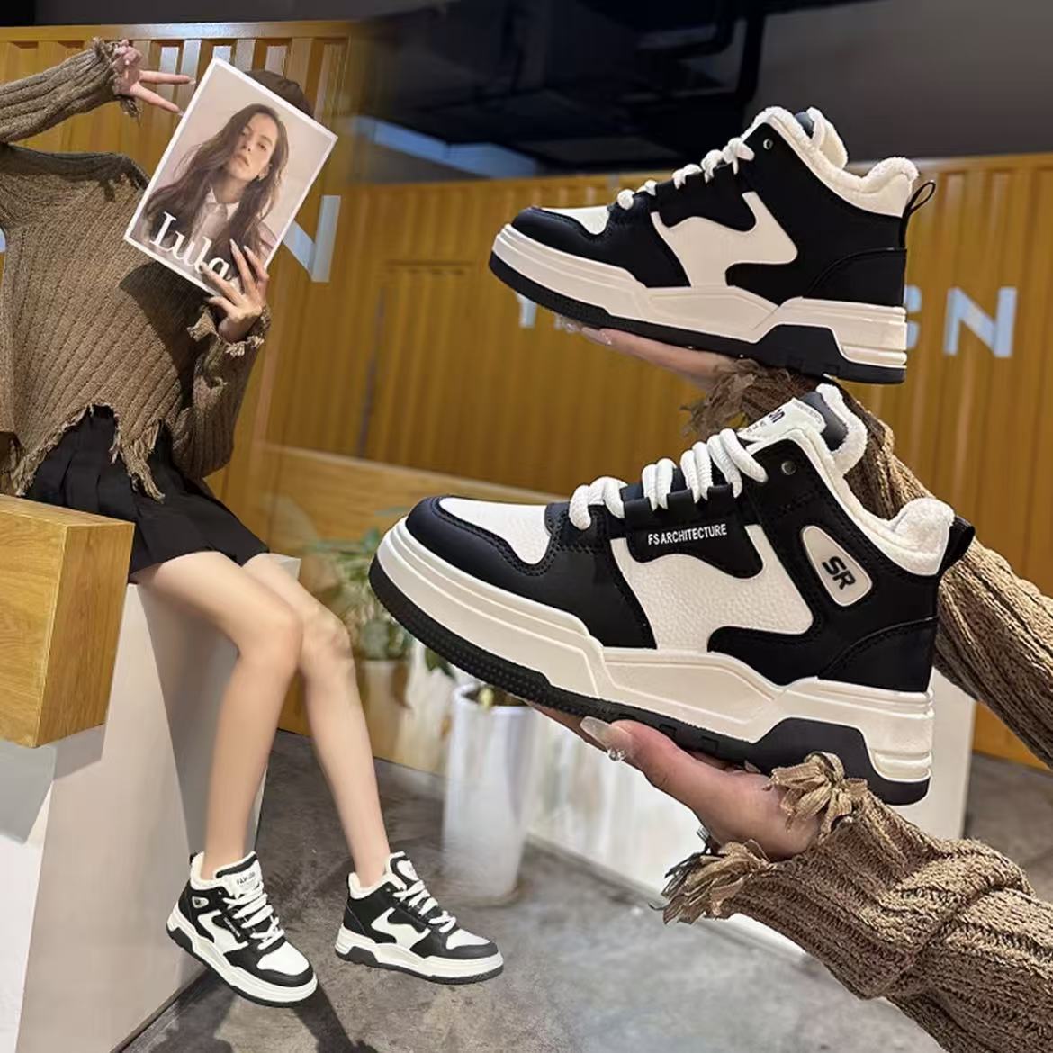 时尚百搭棉鞋简约风板鞋复古港风高帮棉鞋休闲风韩式加绒厚底