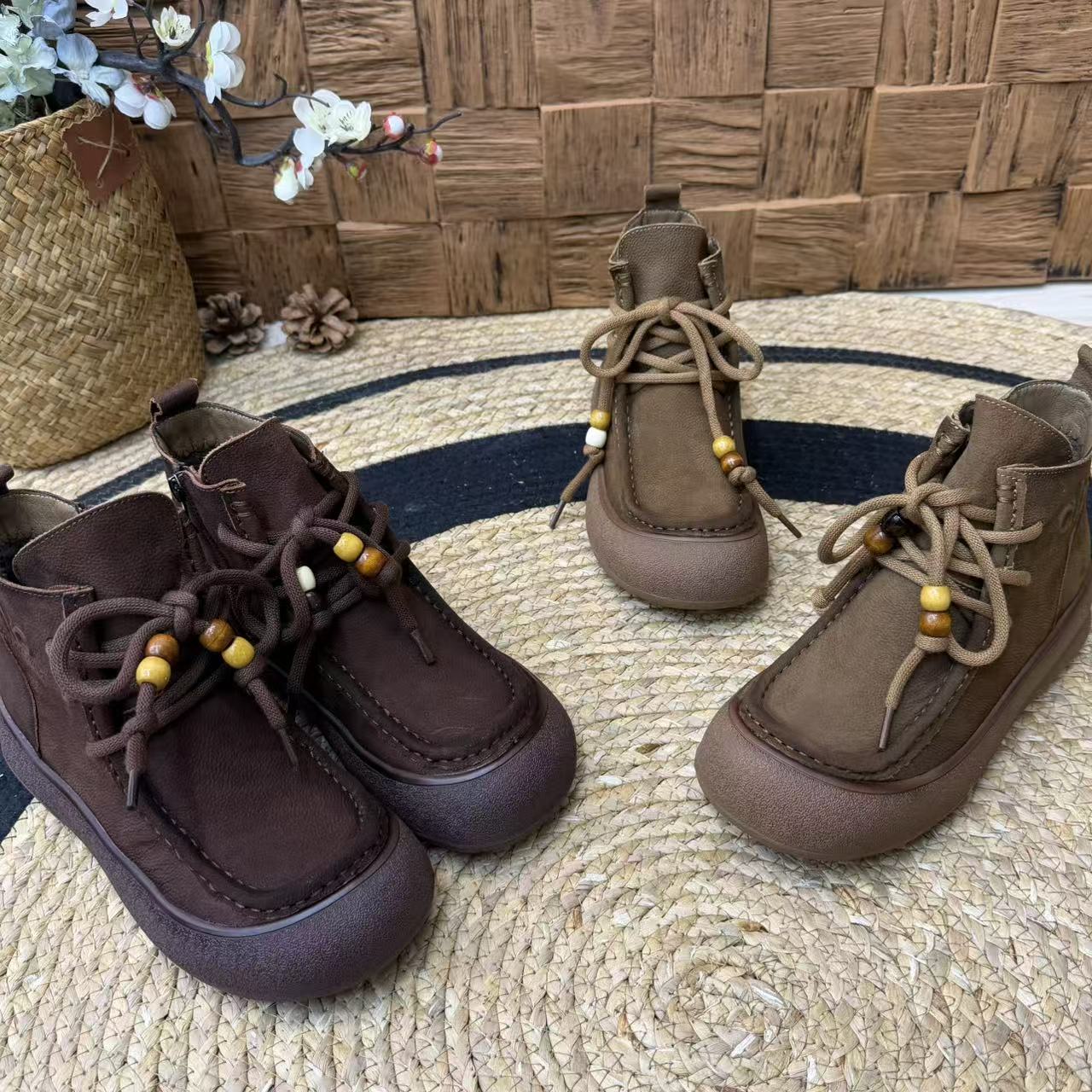 2101-3牛皮秋冬季松糕厚底真皮短靴女大码复古加绒靴子宽胖脚女靴