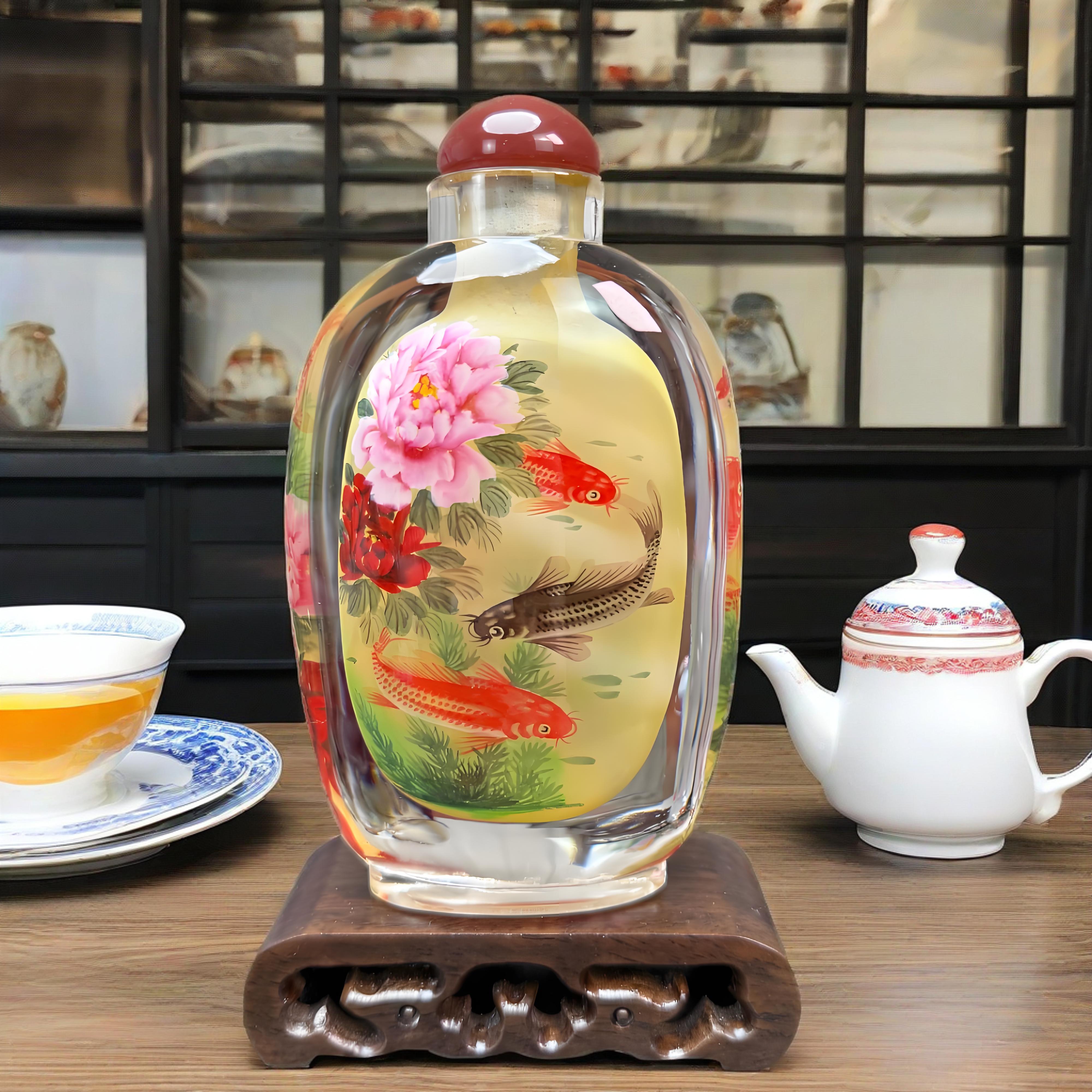非遗内画鼻烟壶传统手工艺摆件家居装饰博古架书房茶室锦鲤牡丹