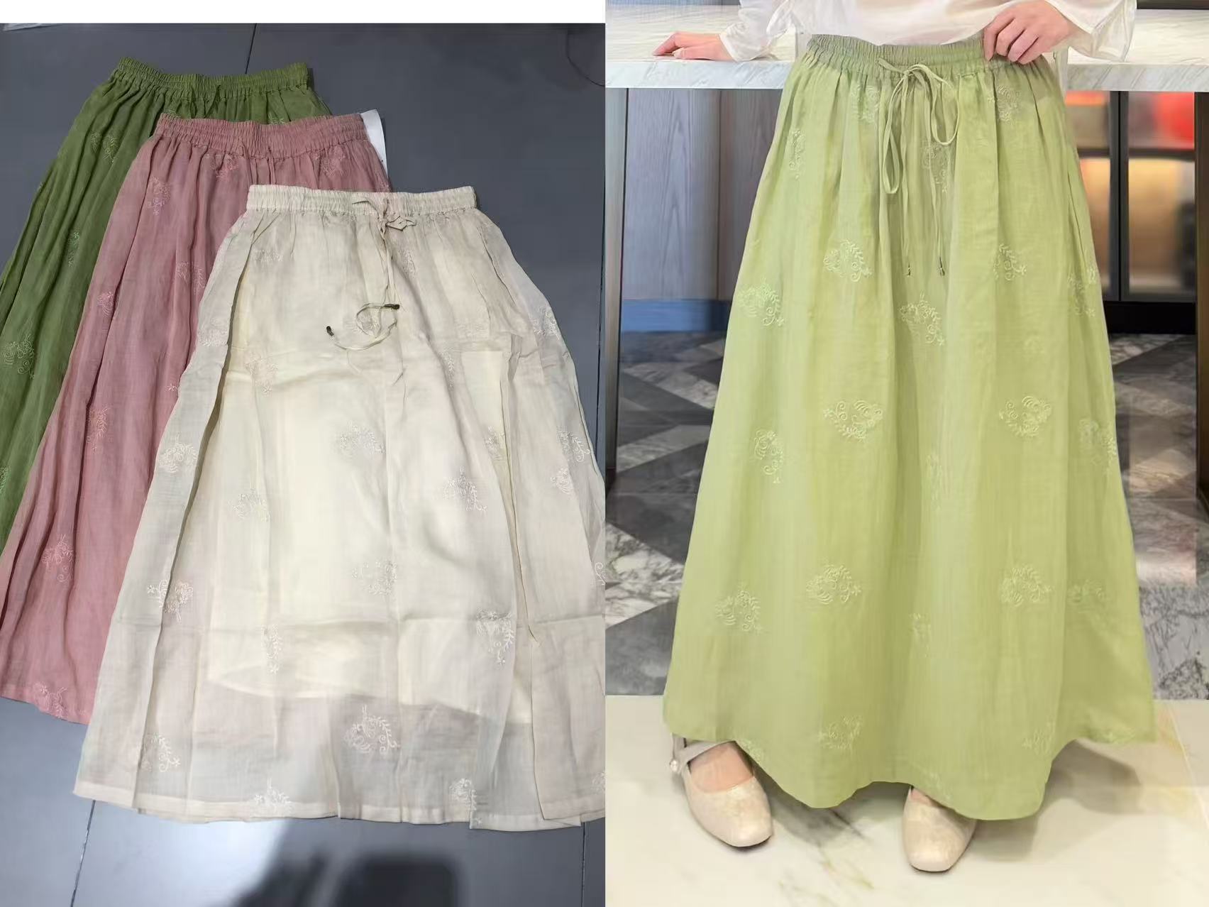 【盛涵】重磅苎麻砂洗工艺满身刺绣文艺复古百搭双层半身裙50153