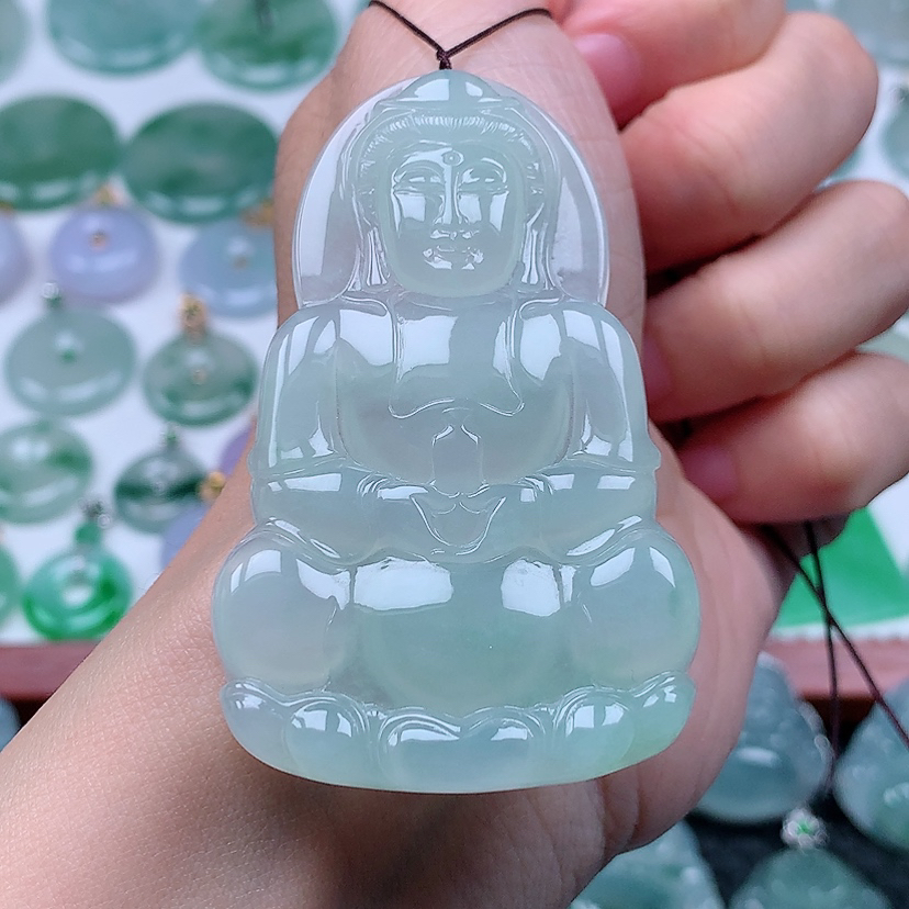 缅甸天然A货翡翠冰润胶感正装观音吊坠（尺寸64.5*40.8*6）