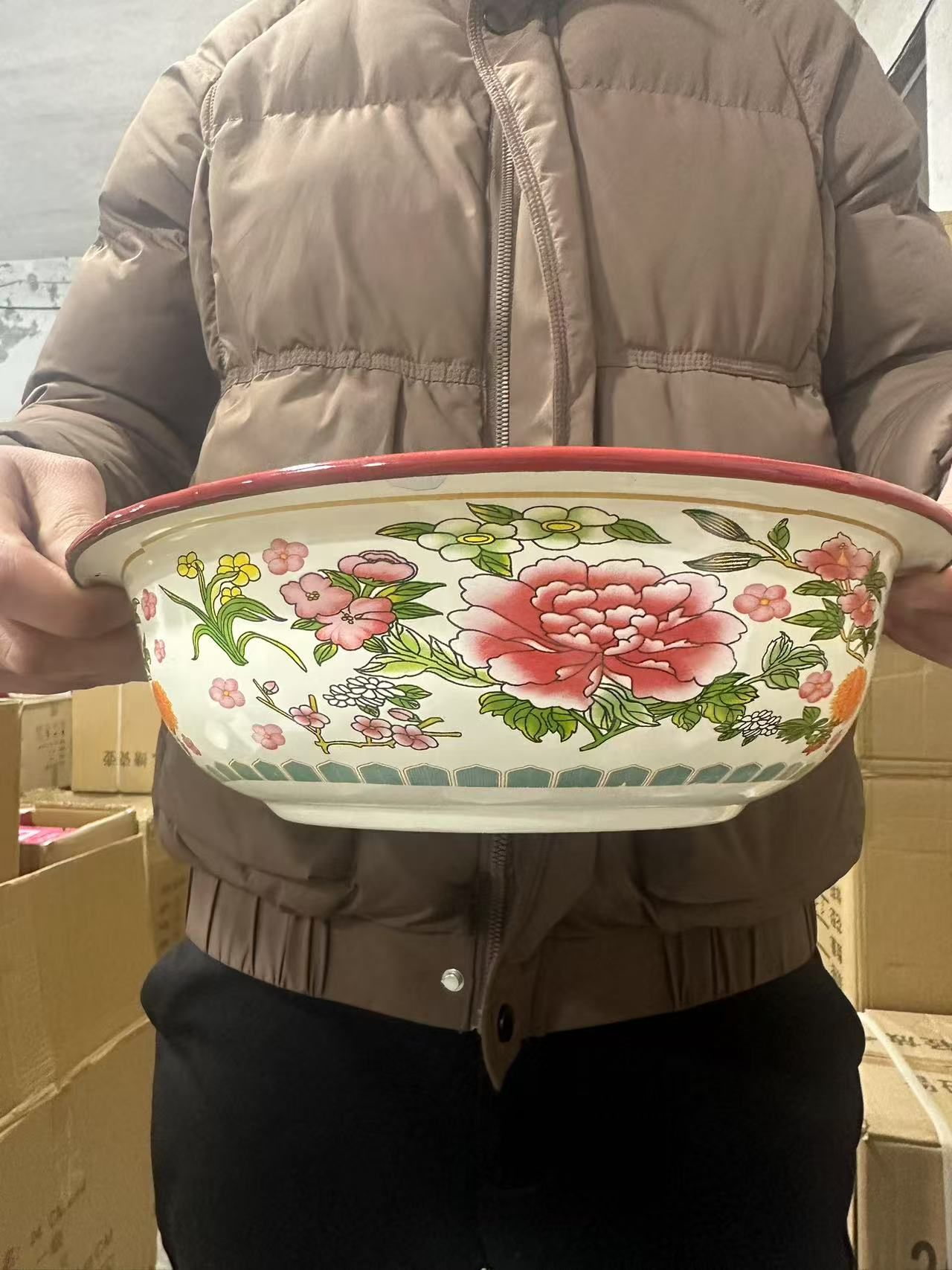 20公分珐琅搪瓷平边牡丹花盆1个