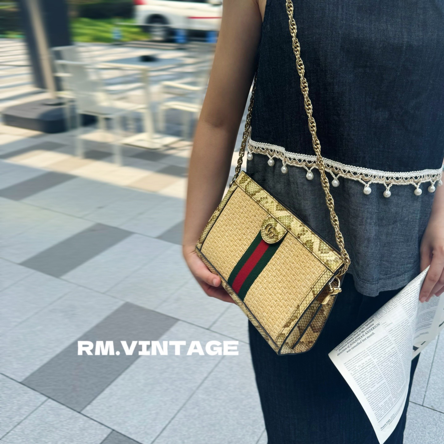 95新 GUCCI/古驰 入目 op蛇皮拼竹编夹子包 47992