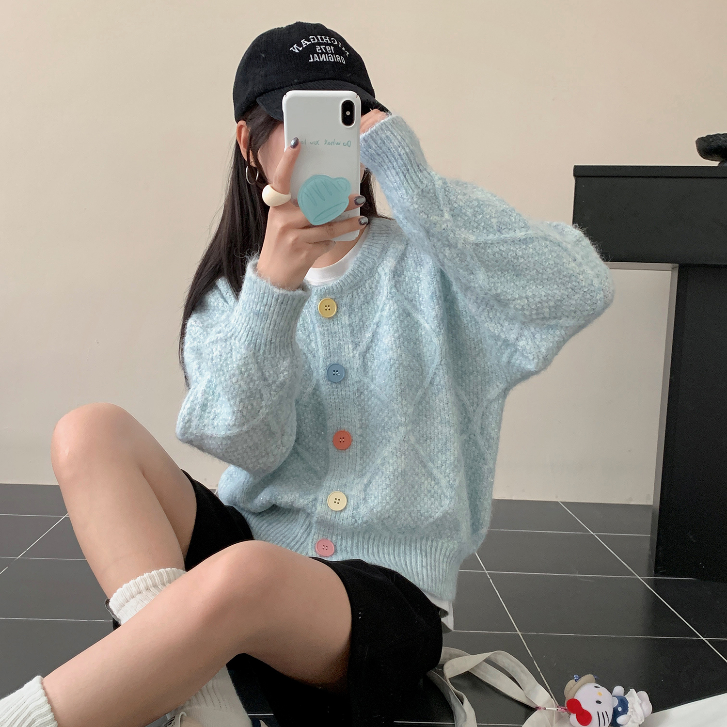 苏醒的乐园秋季新款开衫女小亮片SXMY53157彩色扣菱形格百搭显瘦