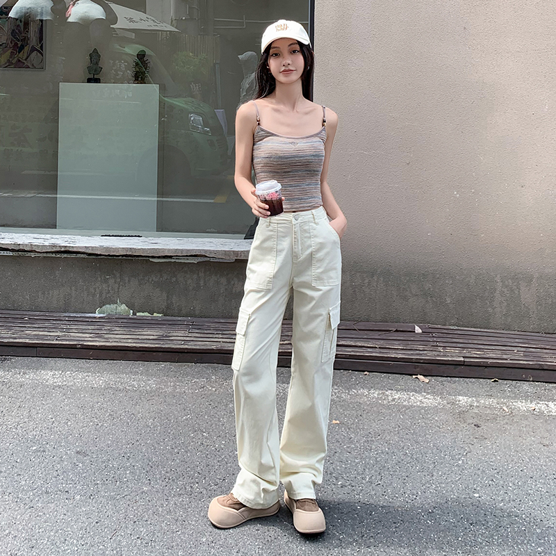 美式窄版白色牛仔工装裤女2025春季新款多口袋高腰阔腿拖地直筒裤