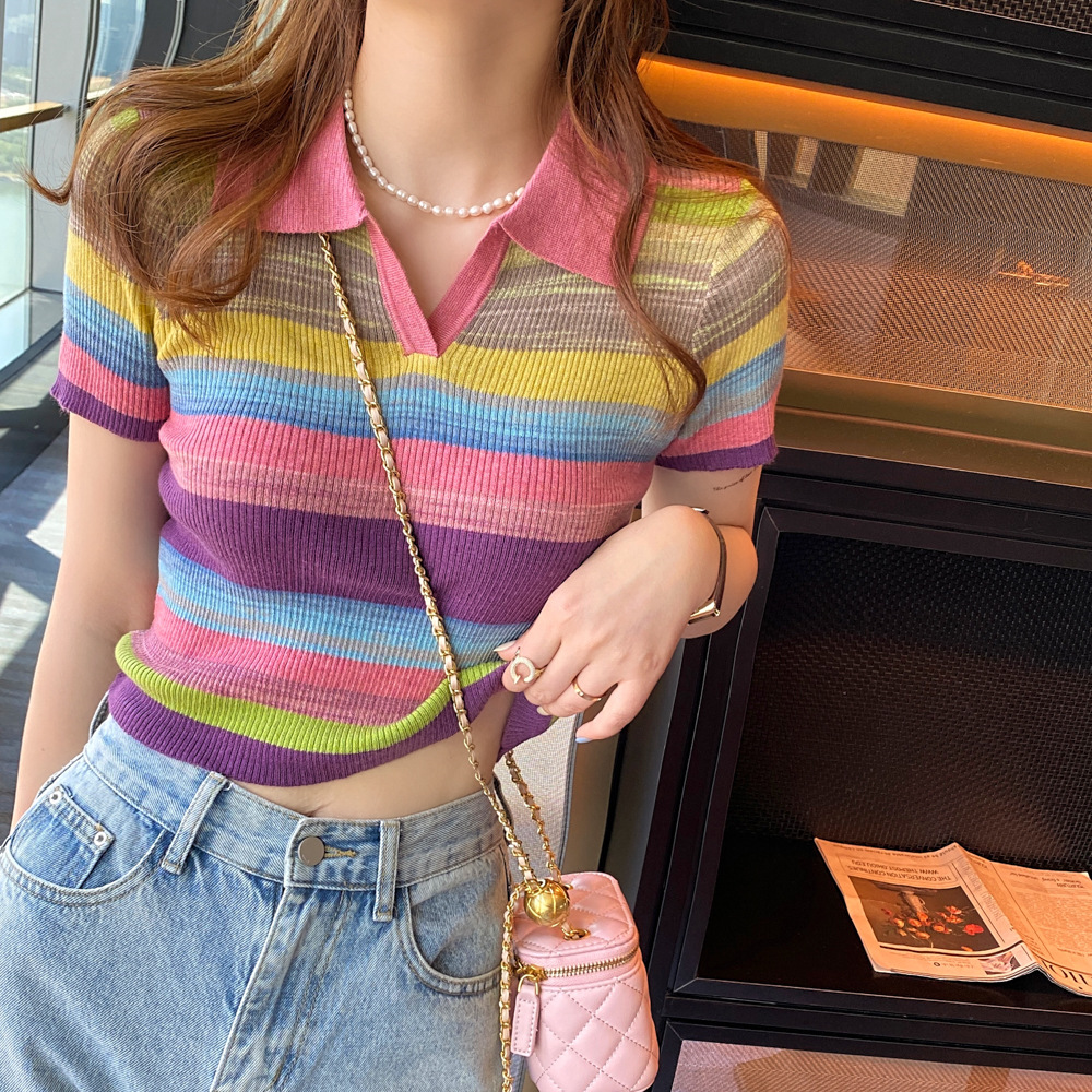 独特设计感2025夏季短款别致polo翻领彩虹条纹针织短袖T恤上衣女