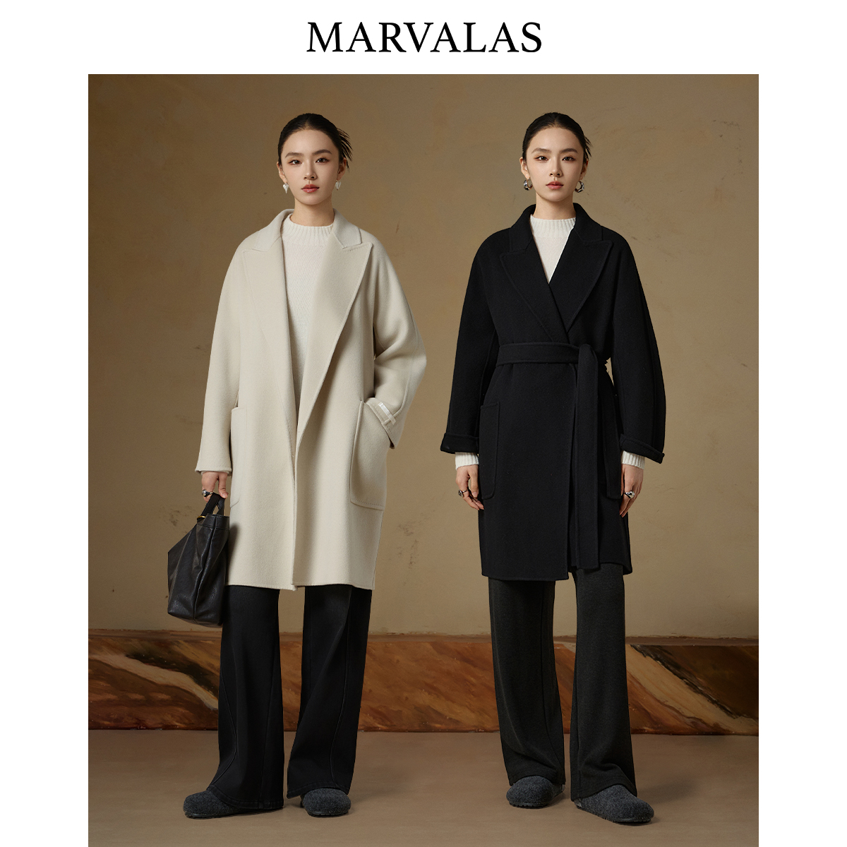 曼德诗山羊绒毛呢外套冬季新款绵羊毛气质收腰中长款大衣154A3001