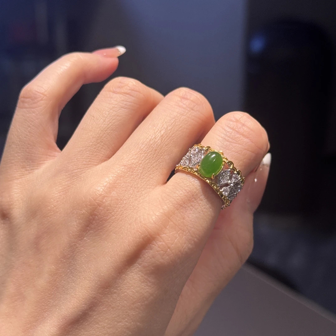 和田玉碧玉布布风拉丝款戒指