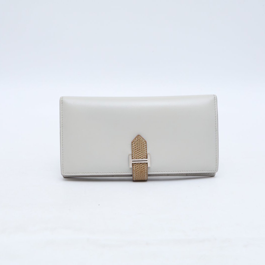 99新 Hermes/爱马仕 小花攀攀Bearn 长钱包 珍珠灰S皮/蜥蜴皮 X刻