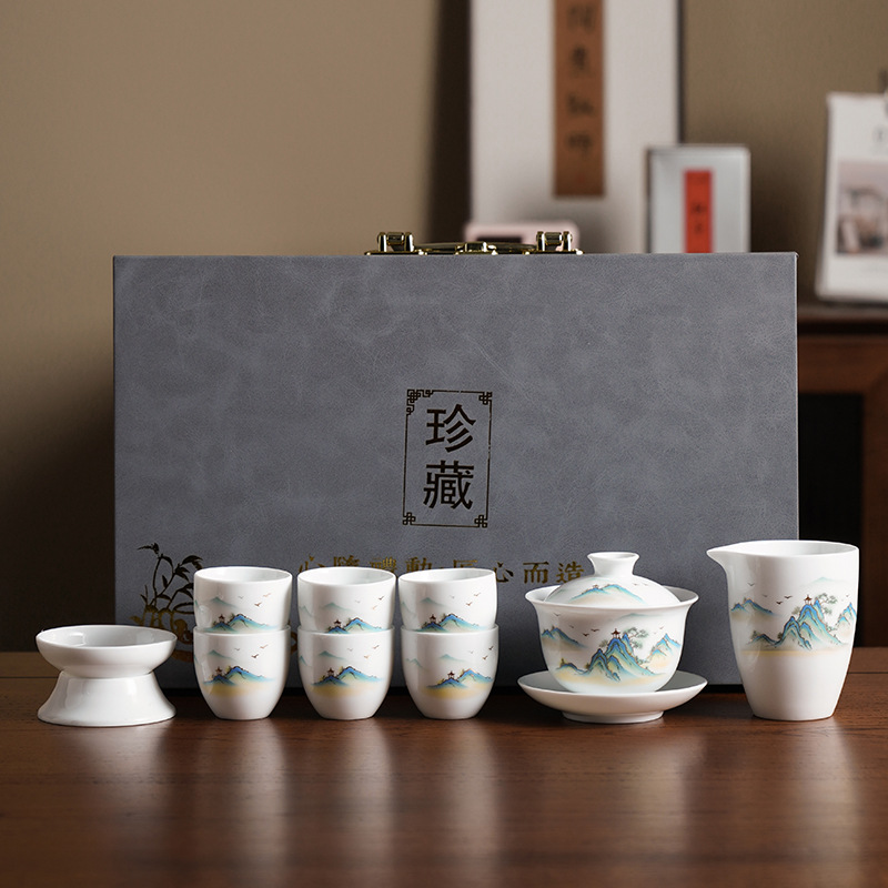 德化白瓷千里江山功夫茶具盖碗礼盒装套装家用高档轻奢礼盒装送礼