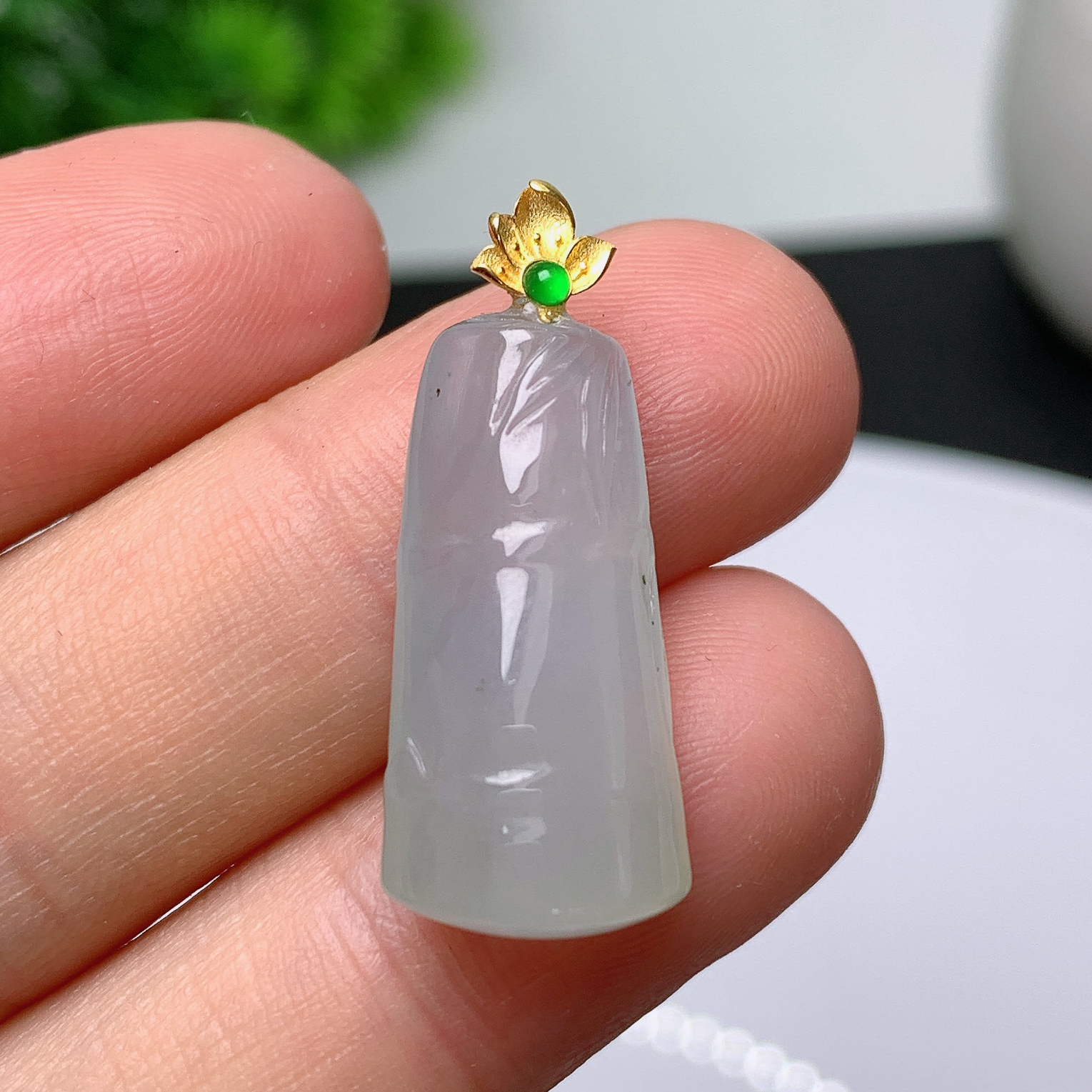 天然翡翠A货18k金镶嵌竹节吊坠250702  尺寸:25.3*12.4*8