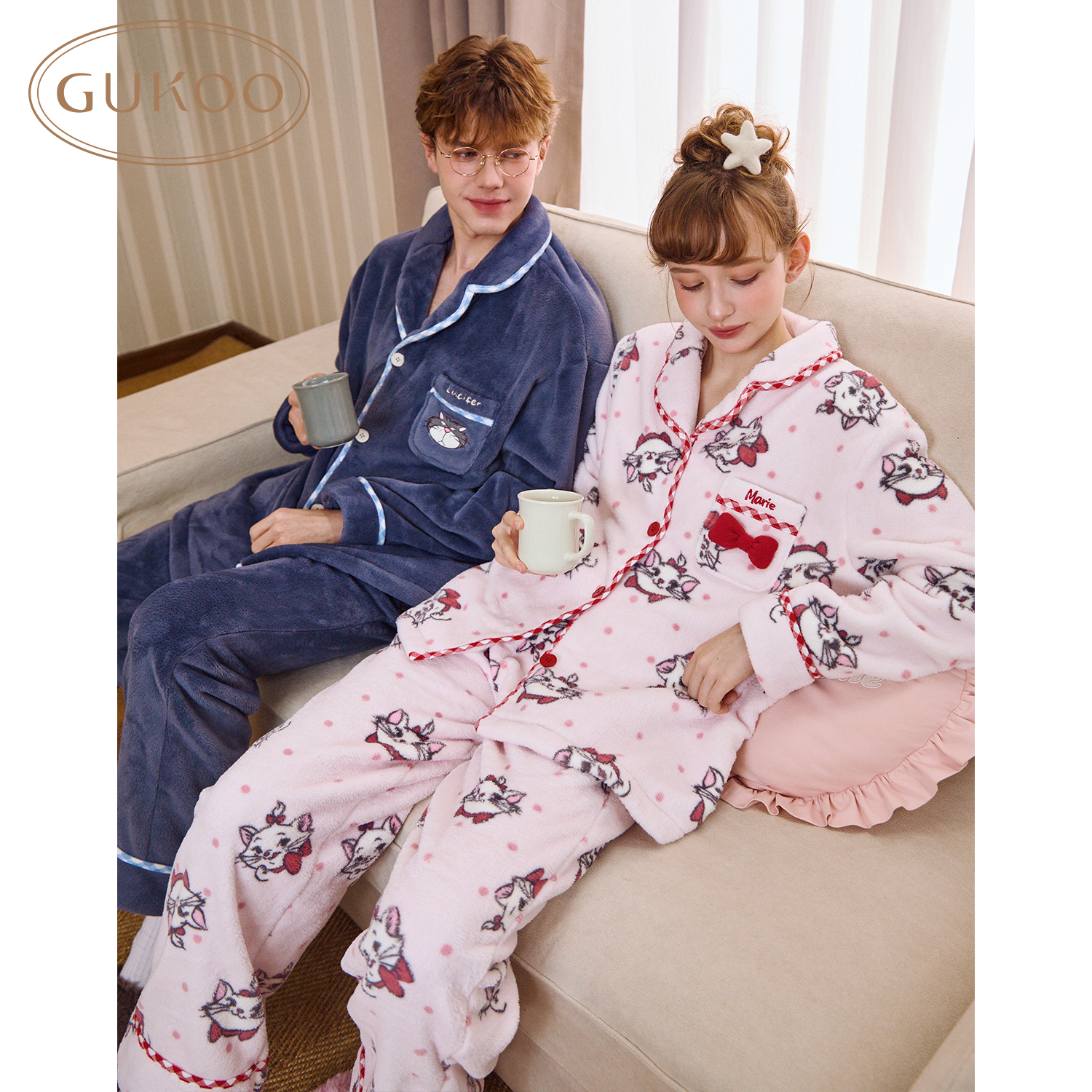 Gukoo/果壳迪士尼玛丽猫联名25新款家居服男女情侣居家套装睡衣冬