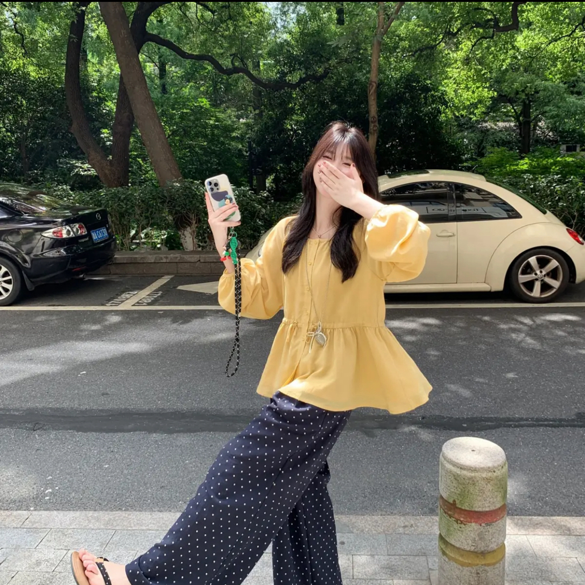 【晴儿家】大码法式宽松圆领灯笼袖上衣搭配简约百搭阔腿裤2098