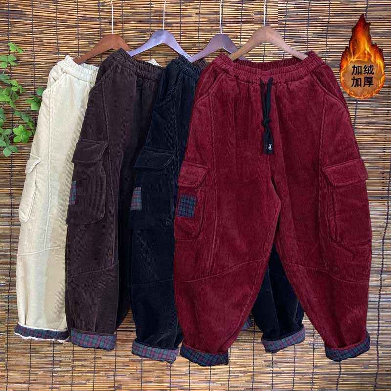 冬季新款大口袋加绒加厚灯芯绒哈伦裤女宽松大码老爹裤潮棉裤
